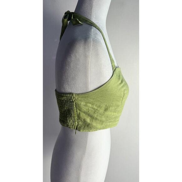 The Editors Markets Womens Linen Green Smocked Zip Halter Crop Top Sz 8 - Picture 2 of 10